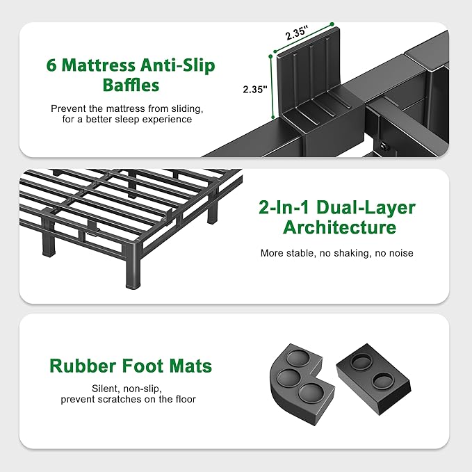 ROIL 7 Inch Queen Bed Frame, Metal Bed Frame & Box Spring 2 in 1 Platform with Round Corner Legs, 4000LBS Double Layer Low Profile Metal Platform Mattress Baffles, Noise-Free Easy Assembly