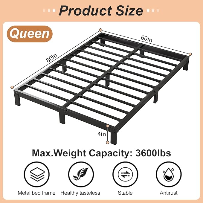 4 Inch Queen Bed Frame Heavy Duty Low Profile Metal Platform No Box Spring Needed with Steel Slat Support,Easy Assembly,Noise-Free(4 inch,Queen)