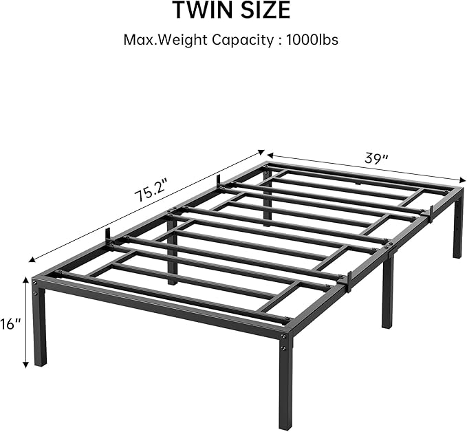 GarveeHome Twin Size Bed Frame, 16 Inch Metal Platform Bed Frames with Heavy Duty Steel Slat Support, No Box Spring Needed, Noise Free,Anti-Sliding Slat,Easy Assembly, Under Bed Storage