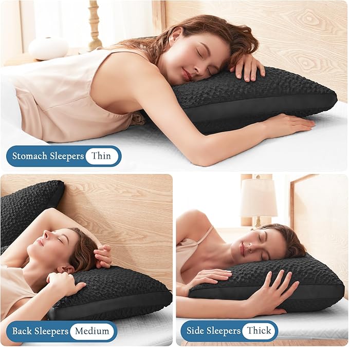 Side Sleeper Pillow for Neck & Shoulder Comfort, Cooling Cervical Contour Gusseted Pillow for Hot Sleepers, Adjustable Luxury Shredded Memory Foam, Washable Cover, Black Standard Size
