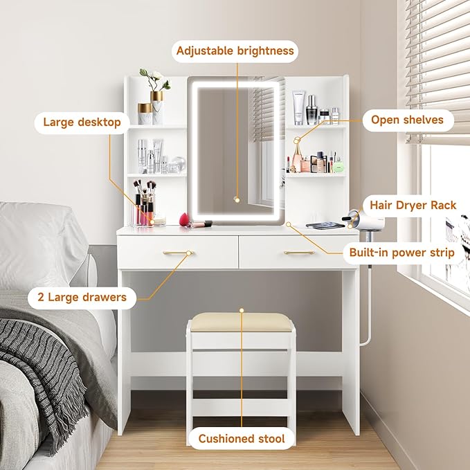 QUALIKRAFT Lighted Makeup Vanity Desk with Power Outlet & Stool, White Dressing Table with LED Mirror, with Drawers, 6 Shelves for Bedroom Organization, Gift for Women