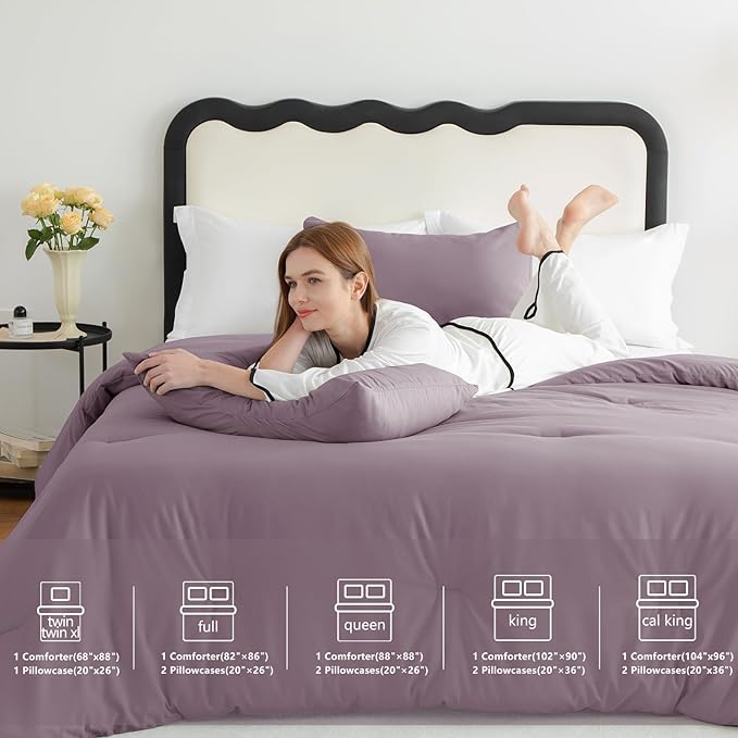 CozyLux Full Size Comforter Set Dusty Purple, 3 Pieces Solid Breathable Bedding Sets, Grayish Purple Luxury Lightweight Soft Bed Set with Down Alternative Comforter and 2 Pillowcases for All Seasons