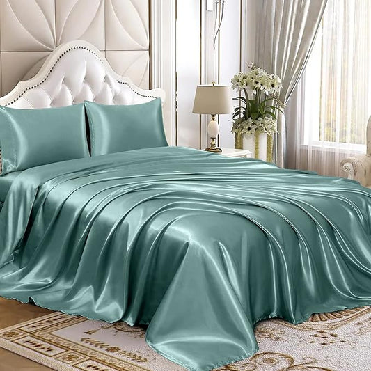 Homiest 4pcs Satin Sheets Set Luxury Silky Satin Bedding Set with Deep Pocket, 1 Fitted Sheet + 1 Flat Sheet + 2 Pillowcases (Queen Size, Greyish Green)