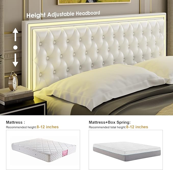 Keyluv King Upholstered LED Bed Frame with 4 Drawers, PU Leather Platform Storage Bed with Adjustable Button Tufted Headboard and Solid Wooden Slats Support, No Box Spring Needed, White