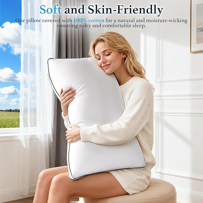 RDS Certified Goose Feather & Down Pillows, 3-Chamber Gusseted Design for Balanced Neck Support, 100% Cotton Cover, Hotel Style Bed Pillow for Side and Back Sleepers | Queen Size Set of 2, 20" x 30"