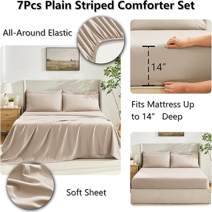 CozyLux Queen Comforter Set Wheat, 7 Pieces Bed in a Bag, Wheat Comforters Queen Size, All Season Bedding Sets with Stitch Quilted Comforter, Flat Sheet, Fitted Sheet, Pillowcases
