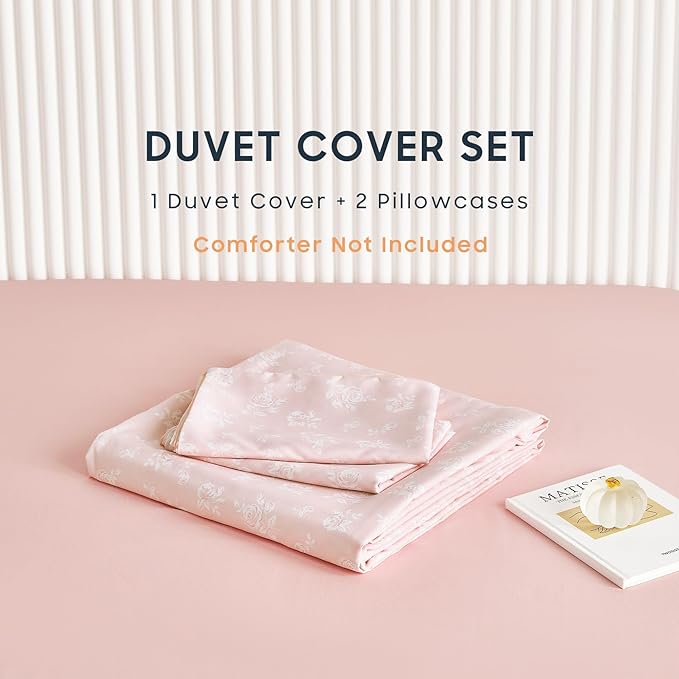 Wake In Cloud - Coquette Duvet Cover Set, Floral Cottagecore Flower Shabby Chic Cute Aesthetic, Soft Lightweight Bedding for Women Teen Girls, 3-Piece, Light Pink, Twin/Twin XL Size