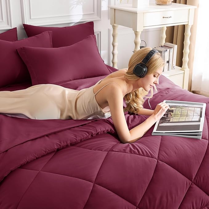 CozyLux Oversized Queen Comforter Set Burgundy - 7 Pieces Bed in a Bag Comforter Set with Sheets, Luxury Soft Bed Set, Bedding Set with Down Alternative Comforter, Sheets, Pillowcases & Shams, Red