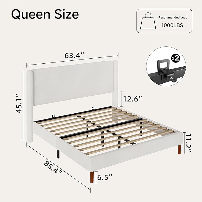 Queen Boucle Bed Frame, Platform Bed with Upholstered Wingback Headboard, Strong Wooden Slats Support, Noise-Free, Easy Assembly, No Box Spring Needed, White