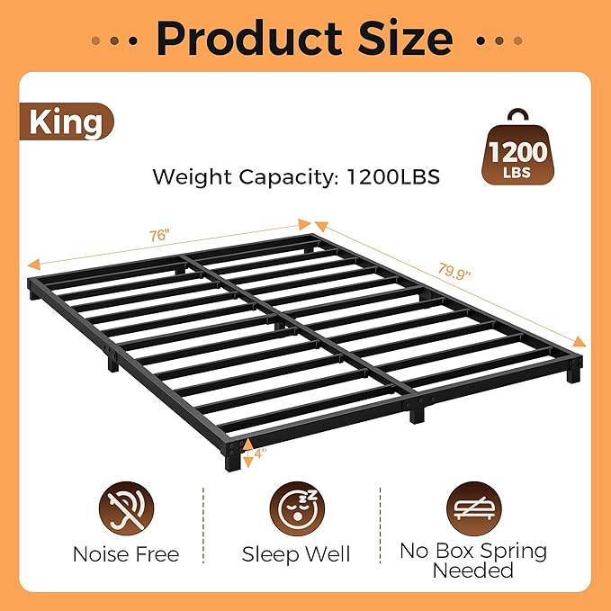 4 Inch Bed Frames King Size Low Profile Metal Platform Bed Frame Heavy Duty Steel Slat Support, No Box Spring Needed, Easy Assembly, Noise Free