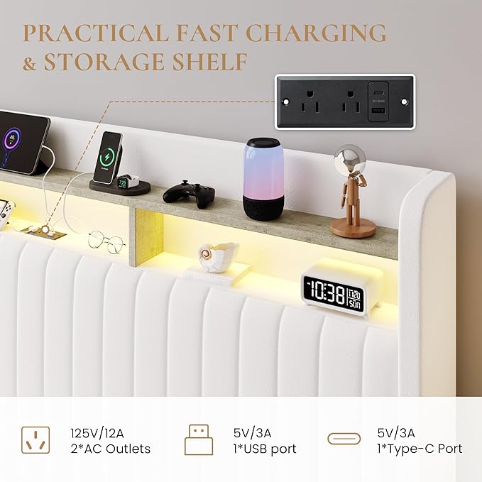 SHA CERLIN King Size Lift Up Storage Bed Frame/LED Lights/Charging Station/2-Tier Shelves Headboard/USB,Type-C Ports/Velvet Upholstered/Hydraulic Support/No Box Spring Needed/Noise Free/White