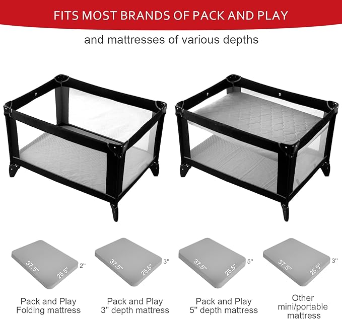 Waterproof Pack and Play Mattress Pad 39" x 27", Compatible with Graco Pack and Play & Dream On Me & Pamo Babe, Cotton Fabric Playpen/Playard Sheet Quilted, Gray