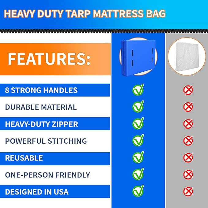 Twin XL Mattress Bag for Moving and Storage, Reusable Heavy Duty Tarp Waterproof Mattress Cover, Zippered Mattress Protector with 8 Strong Carrying Handles,82’’ Lx 42’’ W x 15’’ D