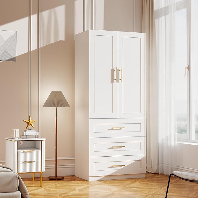 White Wardrobe with 2 Doors: 75" Tall Armoire Wardrobe Closet with 3 Drawers, Bedroom Armoires for Hanging Clothes, Wooden Closet Storage Cabinet with Shelves (Modern, 1)