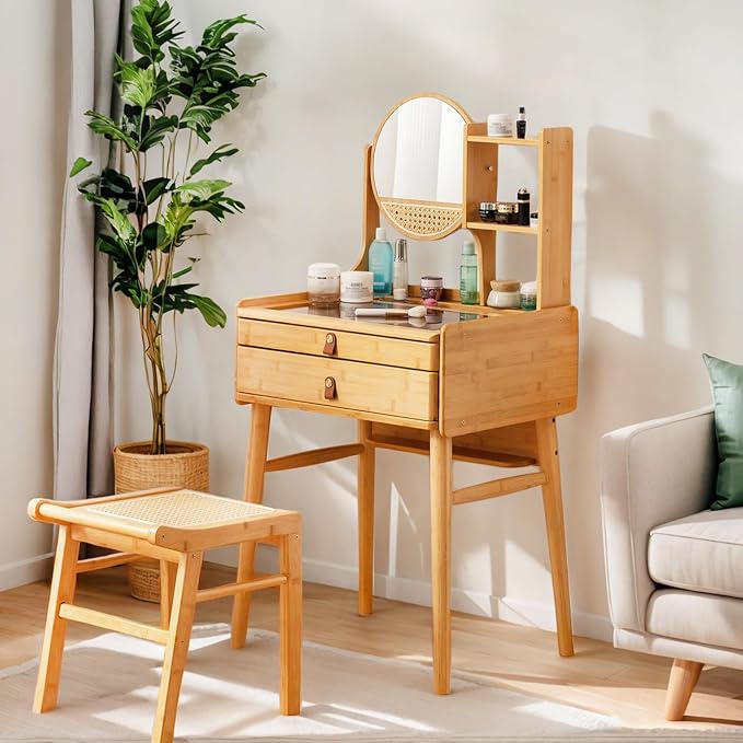 Tiita Vanity Desk, Makeup Vanity Table with Mirror, Dressing Table with 2 Drawers,Modern Wood Bedroom Vanity Vintage Dressing Table for Women Girls, Wood