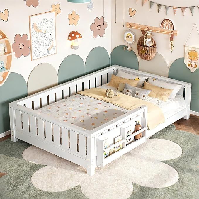 Bellemave Queen Floor Bed Frame with Fence & Bookshelf, Solid Pinewood Montessori Floor Bed Frame Queen with Slats Load 550LBS, Low Floor Bed for Kids, Bedroom, Nursery, Easy Assembly, White
