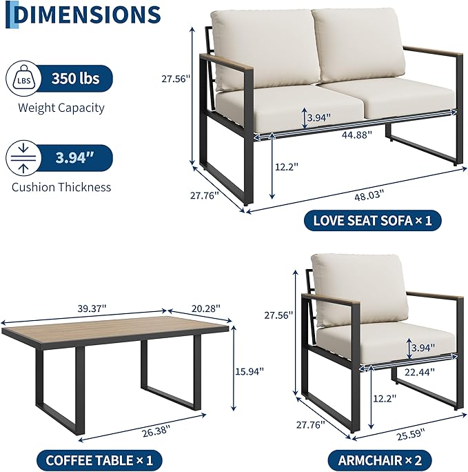 GarveeHome 4-Piece Aluminum Patio Furniture Set with Coffee Table, Outdoor Sectional Conversation Set with Washable High-Resiliency Sponge Cushions, Modern Metal Sofa for Poolside, Deck (Beige)