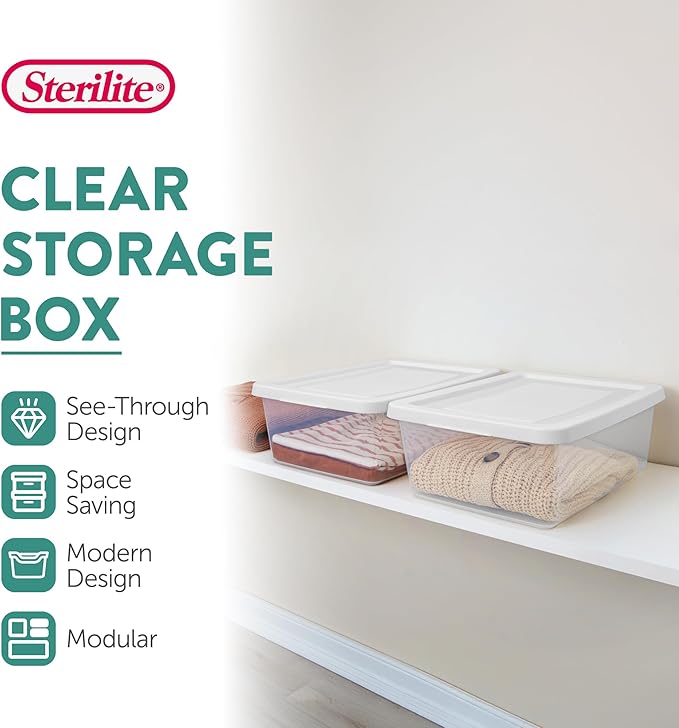 Sterilite 24 Pack Storage Box, 12 Quart Stackable Tote, Clear Plastic Container with Secure Snapping Lids for Home and Office Organization, White