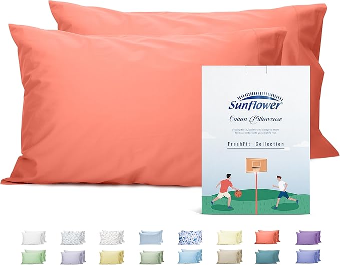 Sunflower King Pillowcases Set of 2, 100% Cotton King Size Pillow Cases 2, 20×40 inches Coral, Soft and Breathable