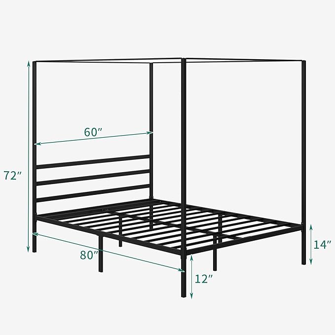 YITAHOME Canopy Bed Frame Metal Four Posters 14 Inch Platform with Built-in Headboard Strong Metal Slat Mattress Support, No Box Spring Needed, Black, Queen Size