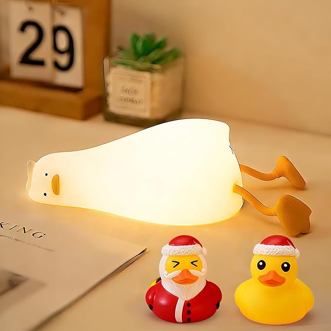 FAMIDUO Lying Flat Duck Night Light, Silicone Dimmable Rechargeable Nursery Night Light, Touch LED Lamp with Rubber Duck Blind Box, BPA-Free Squishy Baby Bedside Light for Breastfeeding,Kids,Toddler
