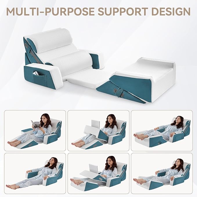 Yojoker 9PCS Orthopedic Bed Wedge Pillow Set for Sleeping, Back and Leg Pain Relief, Post Surgery Foam Pillow for Body, Triangle Adjustable Support Pillow - Acid Reflux Sleeping Pillows Navy