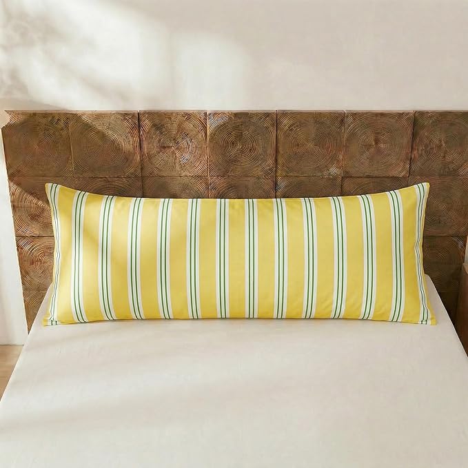Merryword Body Pillow Cover 20x54inches, 100% Cotton Pillow Case, Yellow and Green Striped Pillowcase, Soft Breathable Ribbon Stripes Long Pillowcase, 1-Piece