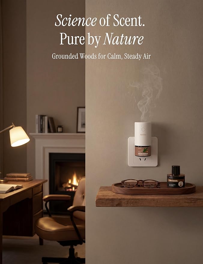 Plug-in Air Freshener for Home, Waterless Essential Oil Diffuser for Bedroom and Bathroom, Non-Toxic Formula for Pets and Nursery, 120 Days Runtime, Refillable Australian Sandalwood(Gray)
