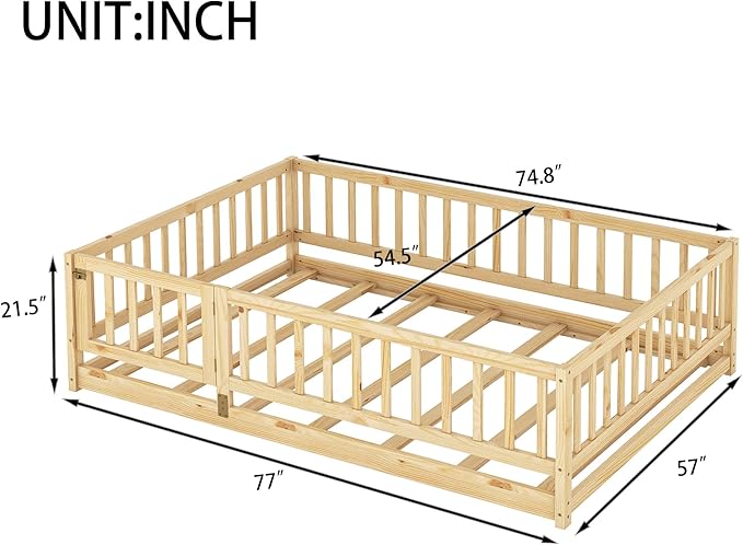 Bellemave Ful Montessori Floor Bed with 21.5" High Rails and Slats, Pine,Plywood Floor Bed with Small Door, Natural