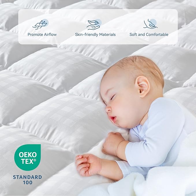 ELEMUSE Queen Cooling Mattress Topper, Extra Thick 1300gsm Mattress Pad for Back Pain Relief, Plush 500TC Cotton Pillow Top with Deep Pocket, Overfilled with Mixed Advansa Down Alternative Filling