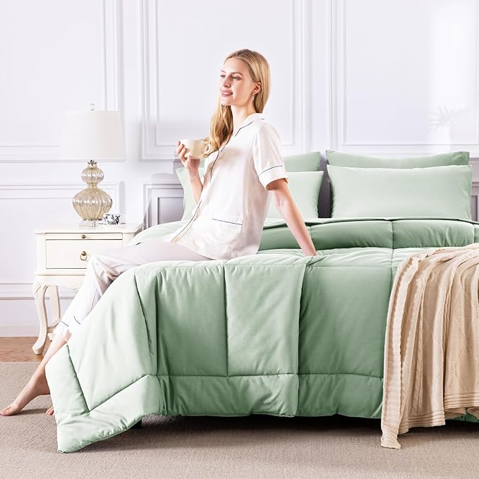 CozyLux King Size Comforter Set Sage Green, 7 Pieces Bed in a Bag, Green Comforter King Size, All Season Bedding Sets with Stitch Quilted Comforter, Flat Sheet, Fitted Sheet, Pillowcases