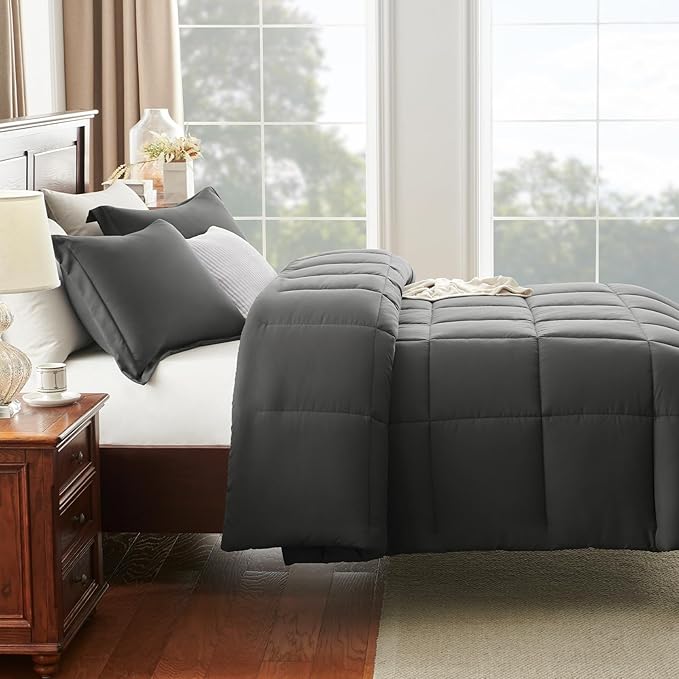 CozyLux Full Size Comforter Sets - 270GSM Dark Grey Bedding Sets for All Seasons, 3 Pieces Box Stitched Bed Set with 1 Down Alternative Comforter and 2 Pillow Shams, Soft, Lightweight, Breathable