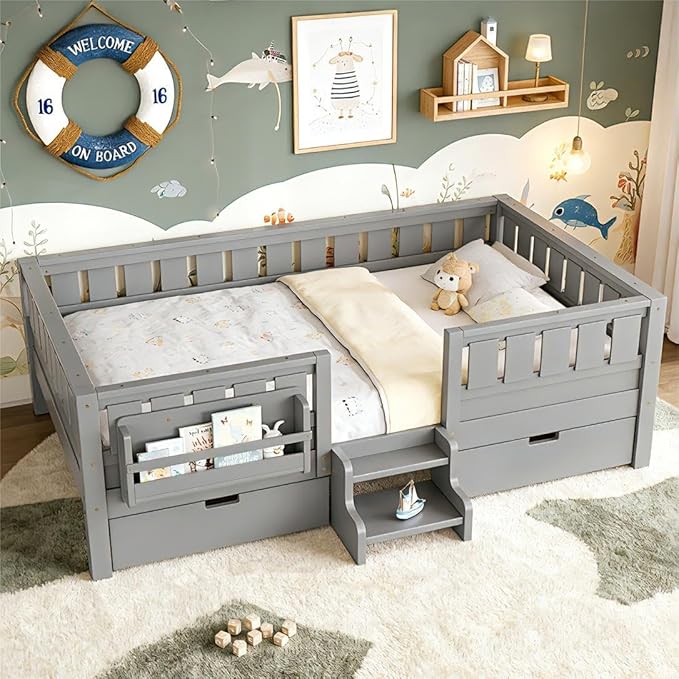 Bellemave Full Size Bed Frame with Storage Drawers & Bookshelf, Low Profile Kids Bed with Staircase & Full Length Guardrails, Solid Wood Full Size Bed Frame Kids with Slats Load 450 LBS, Grey