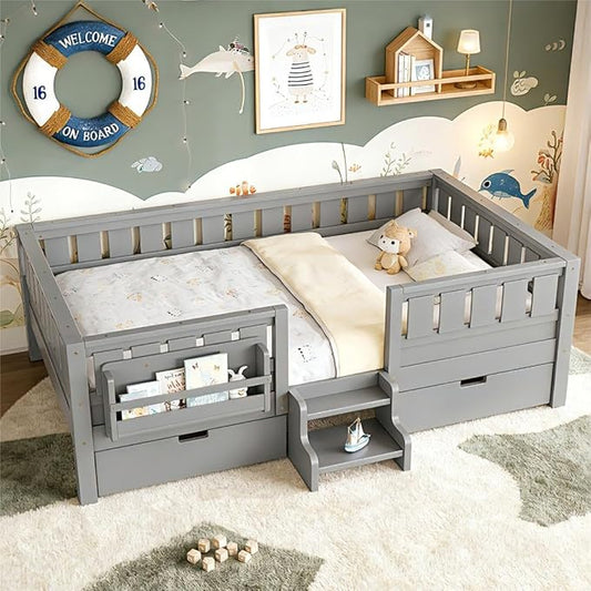 Bellemave Full Size Bed Frame with Storage Drawers & Bookshelf, Low Profile Kids Bed with Staircase & Full Length Guardrails, Solid Wood Full Size Bed Frame Kids with Slats Load 450 LBS, Grey