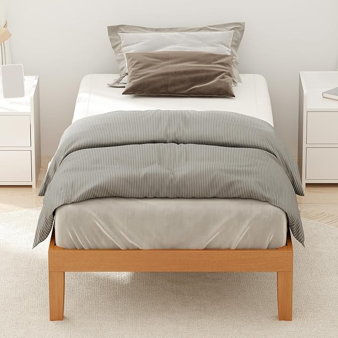 DUMOS Twin Bed Frame, Solid Wooden Bed Base with Wood Slat Support, Sturdy, Stylish & Noise-Free Design, No Box Spring Needed, Easy Assembly, 12 in Natural Pine
