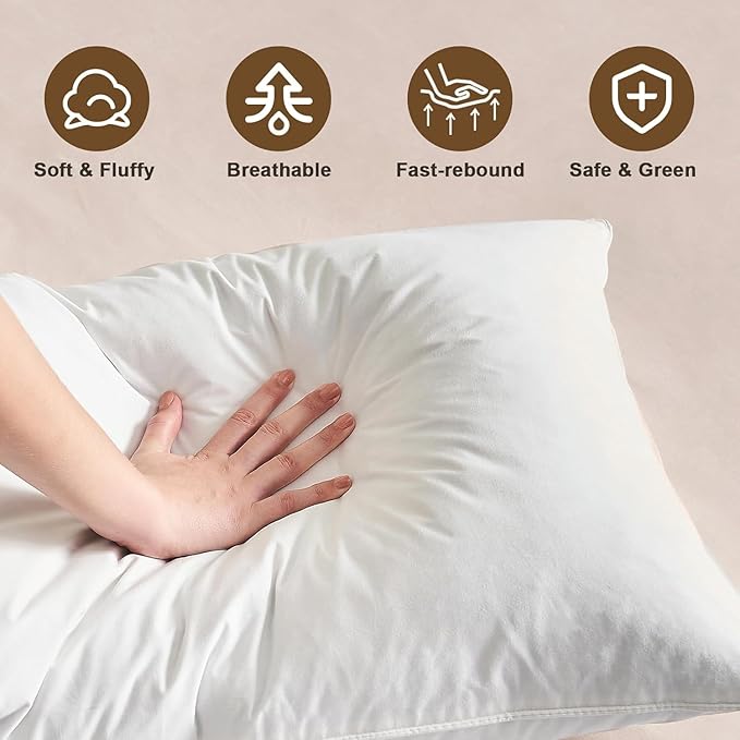 BHZ Down Feather Standard/Queen Pillows Set of 2 Pack, Luxury Hotel Collection Goose Bed Pillows for Sleeping Firm Soft Support for Side, Back, Stomach Sleepers for College Dorm Essentials, White