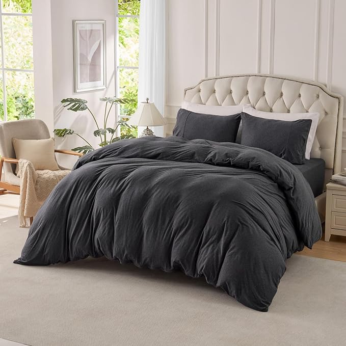 PURE ERA Jersey Knit Duvet Cover Set 100% T-Shirt Cotton Super Soft Comfy 3pc Bedding Set with Zipper Closure (Heather Charcoal Grey, Cal King)