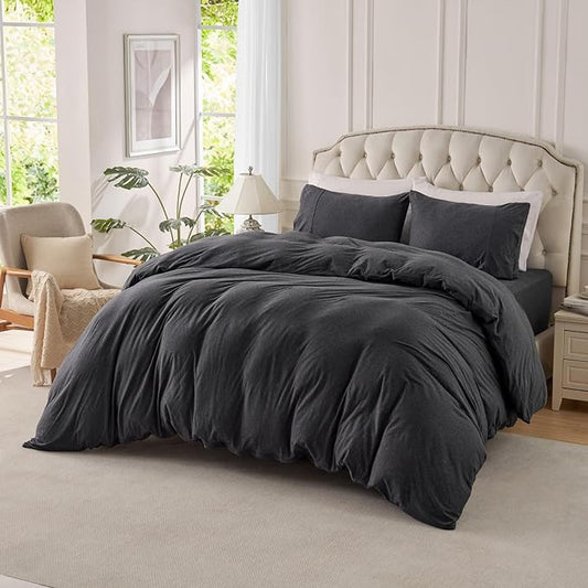 PURE ERA Jersey Knit Duvet Cover Set 100% T-Shirt Cotton Super Soft Comfy 3pc Bedding Set with Zipper Closure (Heather Charcoal Grey, King)