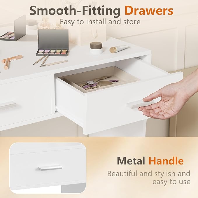 YESHOMY Vanity Desk with Mirror, Makeup Table with 11 Adjustable Lights and 2 Spacious Drawers, Soft-Padded Storage Stool, 3 Lighting Modes with Control, for Bedroom, Snow White