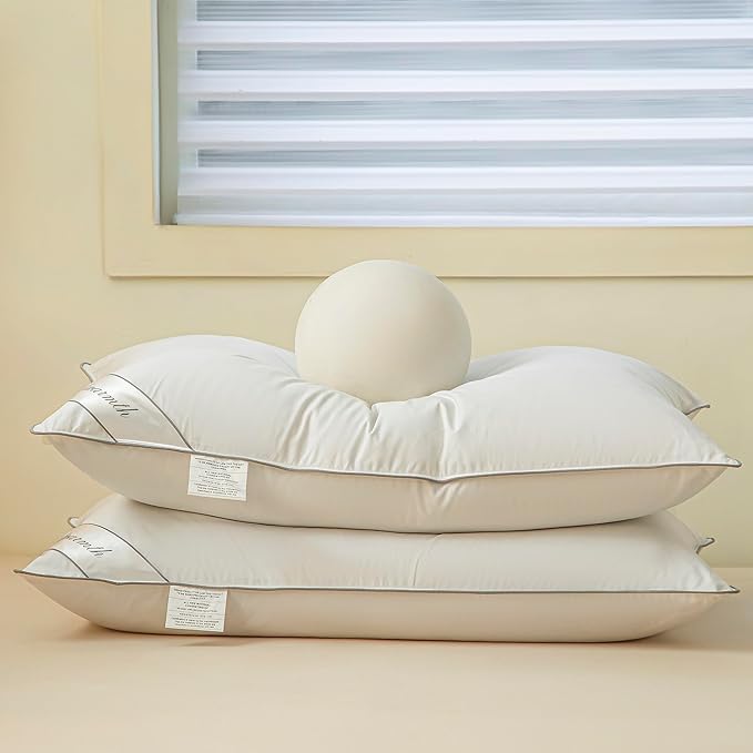 Goose Feathers Down Pillows for Sleeping, Hotel Collection Bed Pillow with Grey Piping Queen Size (20X30IN) 1 Pack
