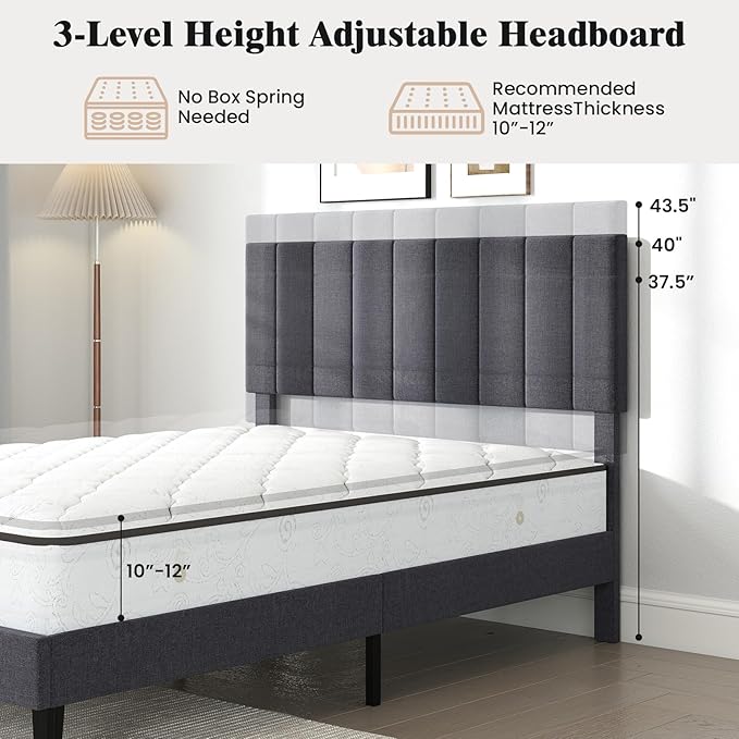 Giantex Full Size Upholstered Bed Frame, Platform Bed with Height Adjustable Vertical Channel Headboard, Wooden Slats Support Mattress Foundation, No Box Spring Needed, Noise Free, Grey