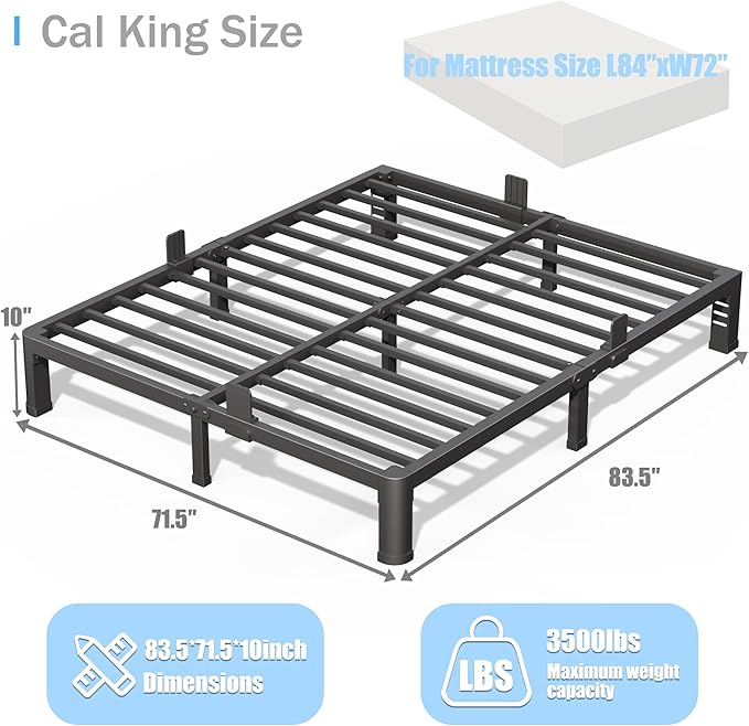 10 inch California King Bed Frame with Round Corner Legs and Headboard Hole Mattress Slide Stopper Low Profile Heavy Duty Metal Platform,Steel Slat Support,No Box Spring Needed,Easy Assembly