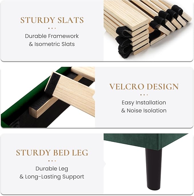 SHA CERLIN King Size Platform Bed Frame, Velvet Upholstered Bed with Adjustable Headboard, Vertical Channel Tufted Design, Sturdy Wood Slat Support, No Box Spring Needed, Easy Assembly, Green