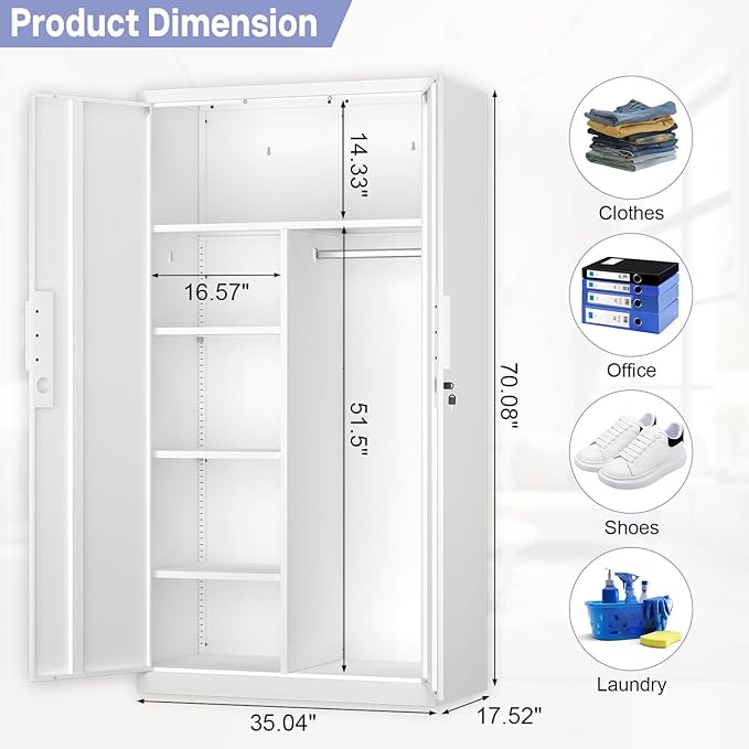 IRONFFICE Metal Wardrobe Closet,Lockable Clothing Storage Cabinet with Adjustable Shelves,Armoire Wardrobe Closet,Steel Wardrobe Armoire for Bedroom,Home,White