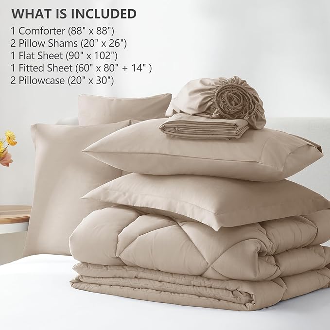 CozyLux Queen Comforter Set Wheat - Bed in a Bag Queen Size 7 Pieces, Luxury Soft Bed Set for All Seasons, Bedding Set with Down Alternative Comforter, Sheets, Pillowcases & Shams