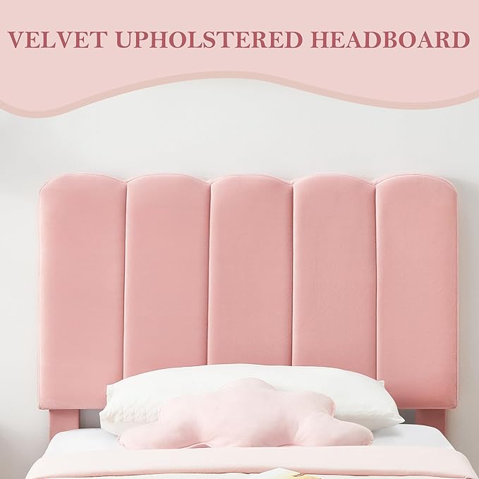 GarveeHome Twin Bed Frame, Upholstered Platform Bed with Wave Headboard for Girls/Kids, Easy Assembly, Wooden Slats Support, No Box Spring Needed, Velvet Pink
