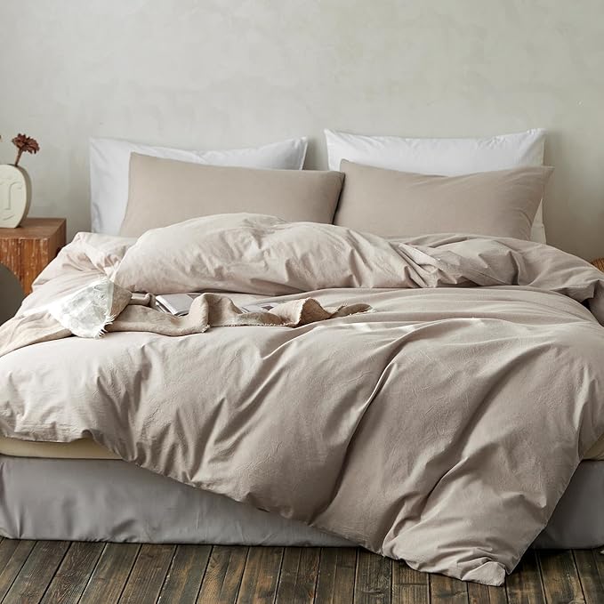 TOCOMOA Duvet Cover Set 100% Washed Cotton Linen Feel Soft Comfy Breathable 3 Piece Comforter Covers Bedding Set (Queen, Heathered Linen Grey)