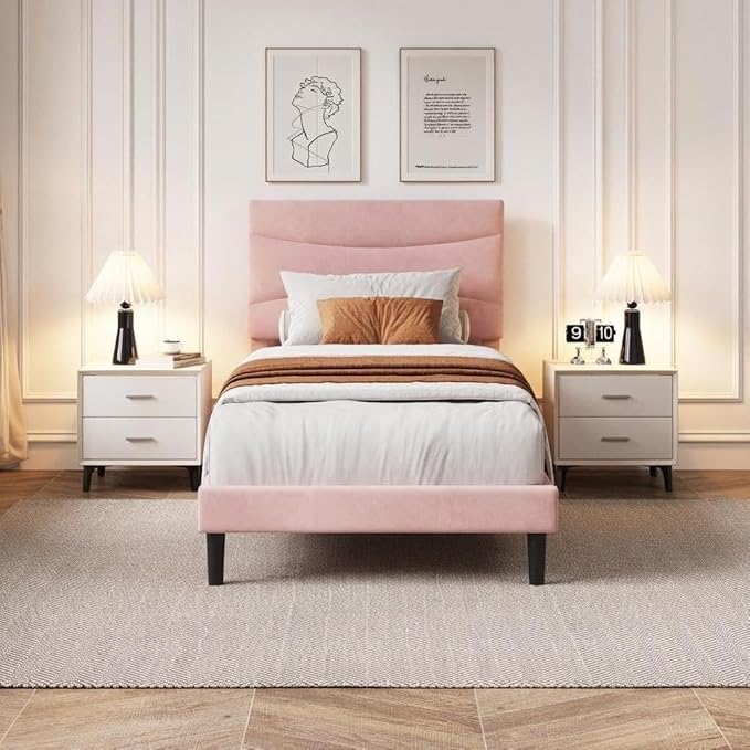 IDEALHOUSE Twin XL Upholstered Platform Bed Frame with Ergonomic Headboard, Beige Soft Fabric, Heavy Duty Wooden Slats, Noise-Free, 6.3" Underbed Storage, No Box Spring Needed, Easy Assembly