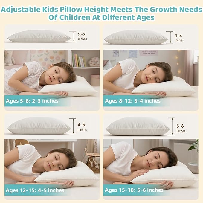 16x22 Kid Pillow with 100% Organic Cotton Pillowcase and Shell - Adjustable Youth Pillow Meets the Growth Need of Kids at Age 4-10, Soft Non Toxic Pearl Filling, Machine Washable, Travel&School