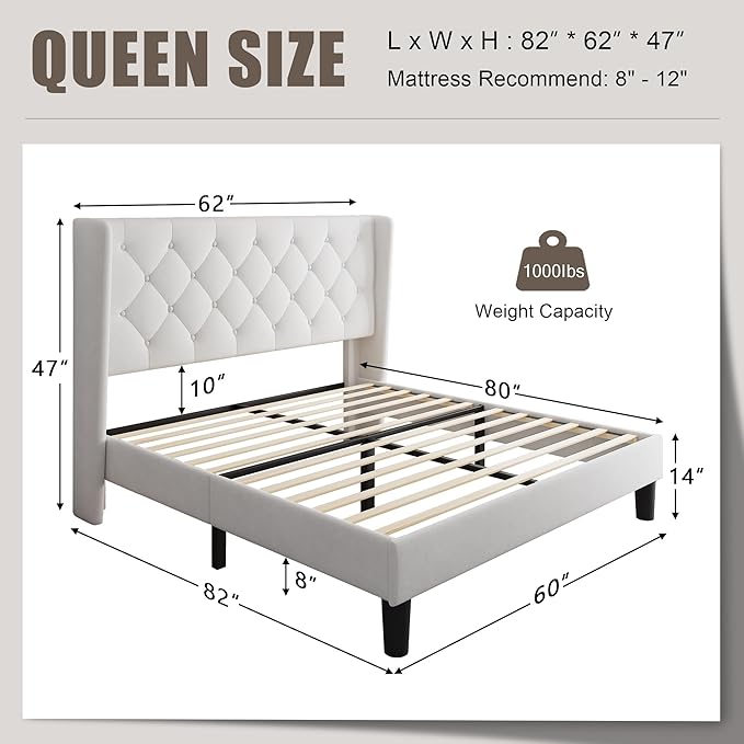 Einhomn Queen Size Platform Bed Frame with Velvet Upholstered Wingback Headboard, 10" Under Bed Space, Wooden & Metal Slats Support, No Box Spring Needed, White